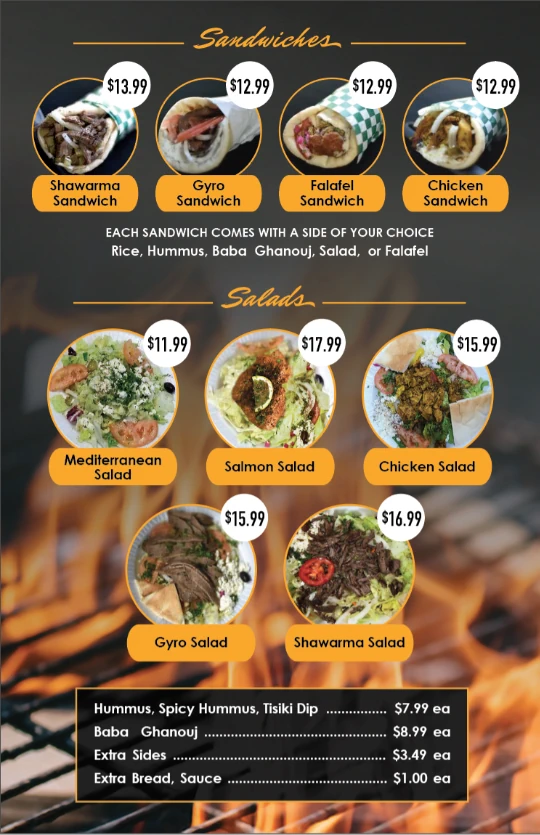 A graphic list of each sandwich and salad offered at the Habashi House