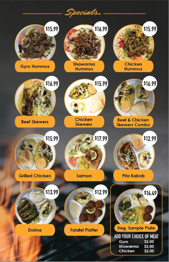 A graphical list of each Special offered at the Habashi House